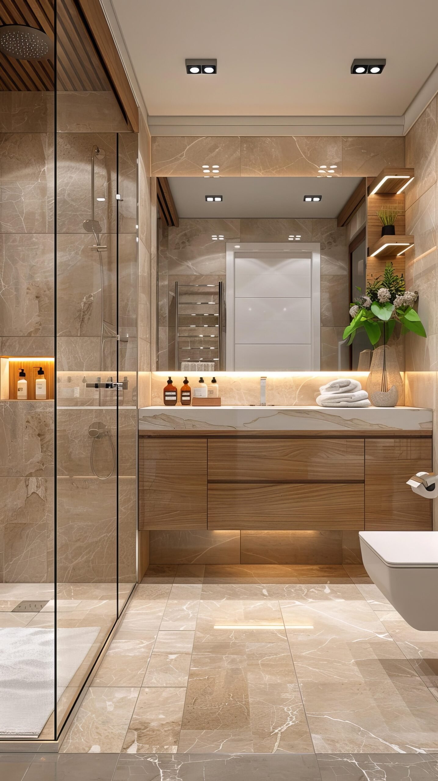 Modern Bathroom with Glass Shower and Wooden Cabinets